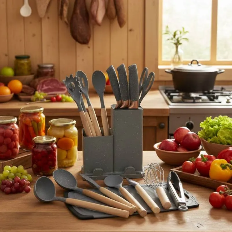 [SUT19-GO-Gris] Set d'ustensiles de cuisine 19 pièces en silicone - Gris