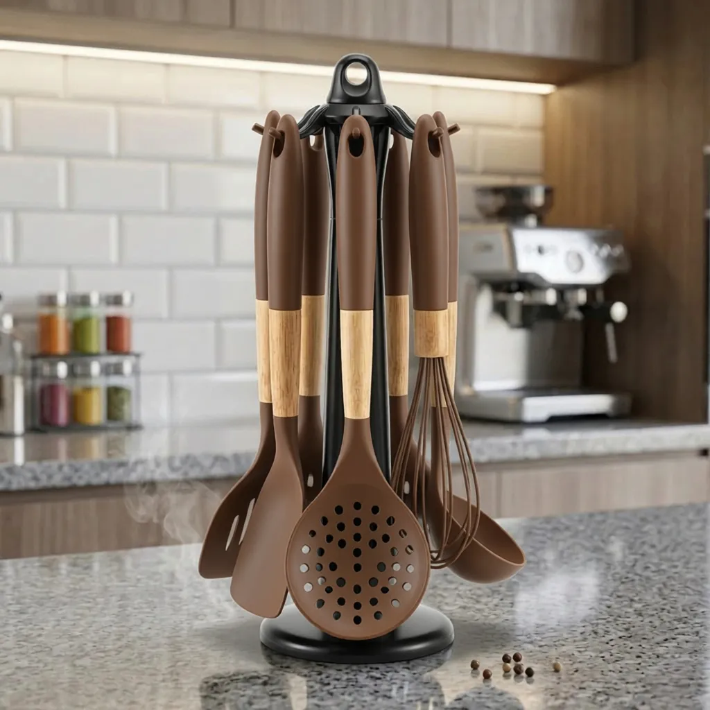 Set d'ustensiles en Bois de cuisine 7 pièces en silicone-Marron