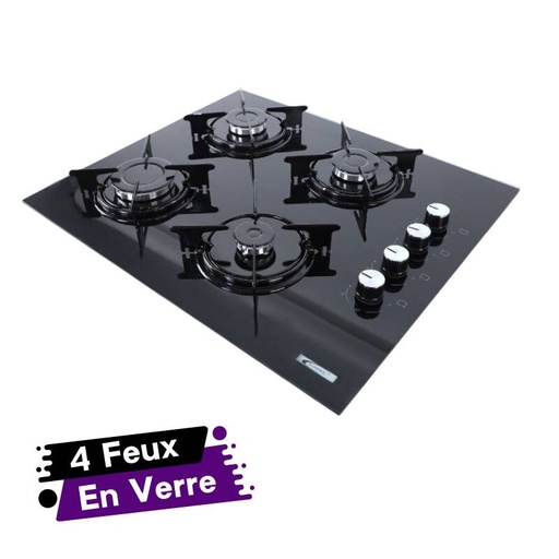 [LX40TS-HDGO-Noir] Plaque De Cuisson À Gaz En Verre 4 Feux Florence 60 X 51.5 Cm