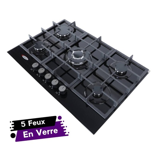 [FH7610GB-GO-Noir] Plaque De Cuisson À Gaz 5 Feux Avec Fonte FLORENCE 51 X 70cm