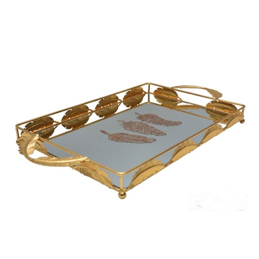 [PLM1GO] Plateau De Décoration Doré Motif Plume 42 X 29 Cm