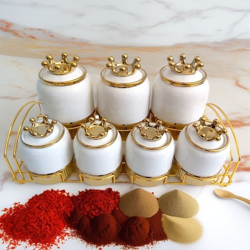 [JMD00-51GO-Blanc] Set Portes Épices 7 pièces en Céramique Avec un Support -Blanc