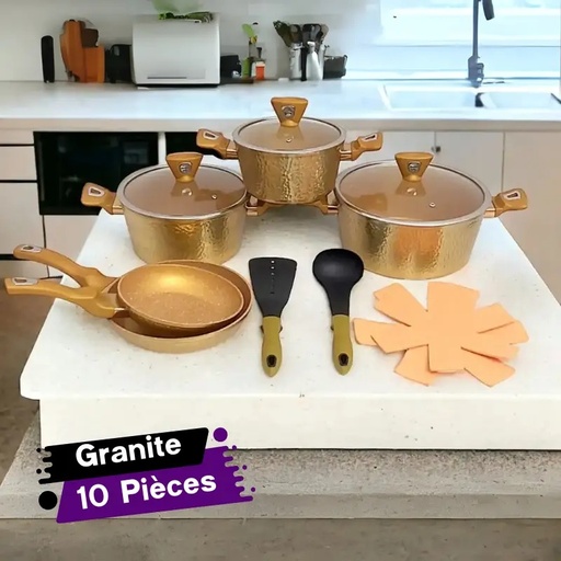 [SV10GB-GO] Service à Table De Cuisine 10 Pièces Granite et Effet Gold BAROLY