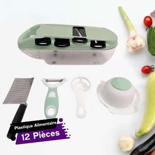 [MVS12-GO-Vert] Mandoline Végétale Slicer 12 Pièces-Vert