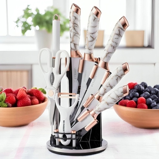 [BK-9GO-Blanc] Ensemble de 8 Ustensiles de Cuisine KUNSION en Acier Inoxydable avec Un Support Rotatif - Blanc & Or Rose