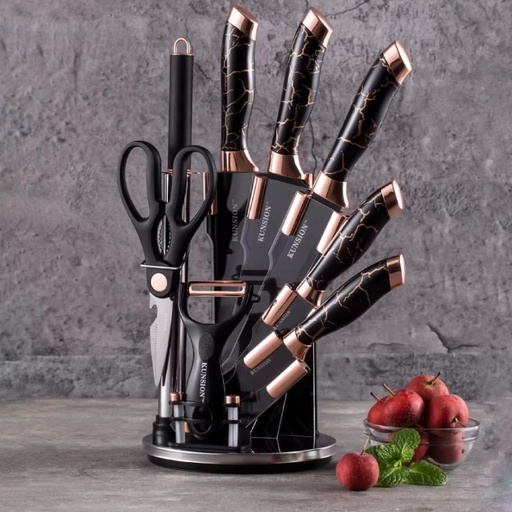 [BK-9GO-Noir] Ensemble de 8 Ustensiles de Cuisine KUNSION en Acier Inoxydable avec Un Support Rotatif - Noir & Or Rose