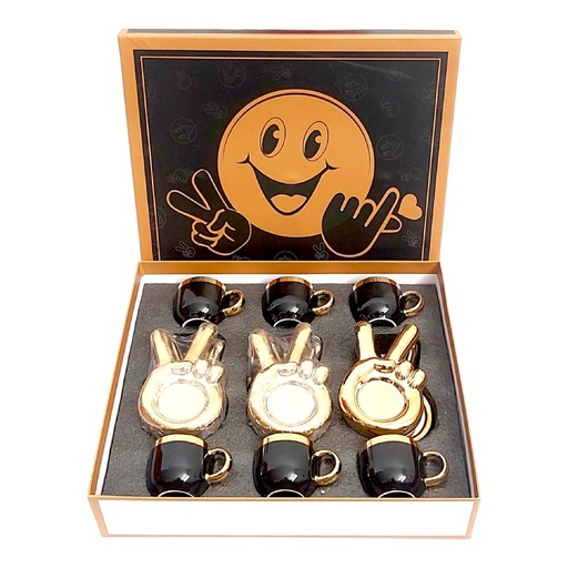 [SCTT-12GO-Noir] Service à Café Noir & Doré – 6 Tasses + 6 Sous-Tasses "Peace" – 10 cl