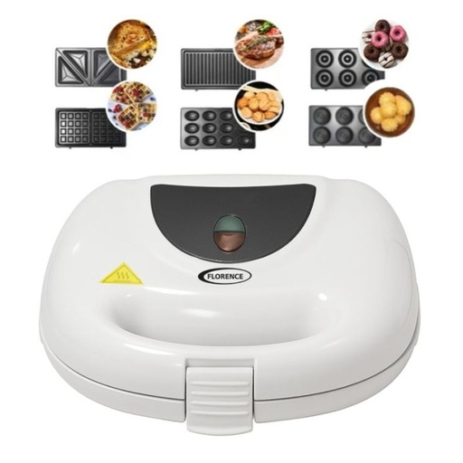 [HK411-GO-Blanc] Appareil De Cuisson 6en1 Florence 1500W Zouza , Panini , Gauffre , Donut , Maamoul , Croque-Monsieur - Blanc