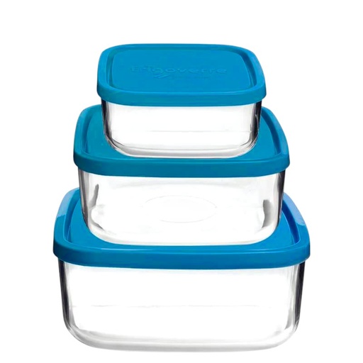 [L3BCC-GO] Lot de 3 Boites de Conservation Carrées en Verre Bormioli Rocco – Série Frigoverre