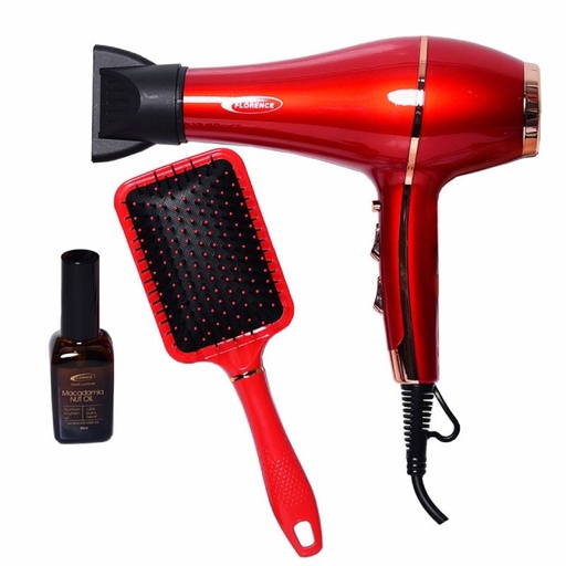 [HK446-GO] Coffret Séche Cheveux + Brosse Florence 13000 RPM 2200W Rouge